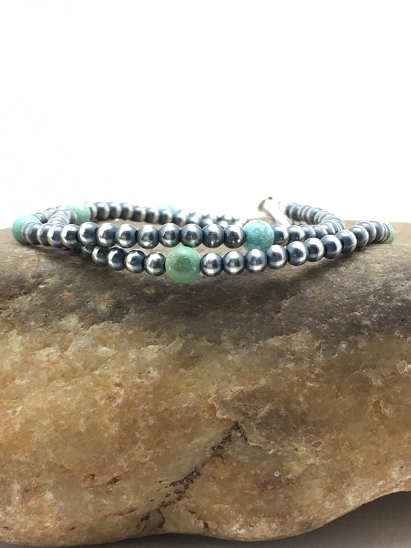 Blue Turquoise Bracelet Navajo Beads | Sterling Silver | Authentic Native American Handmade | 378