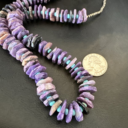 Popular Purple Charoite Blue Turquoise Navajo Sterling Silver Necklace 23” 18053