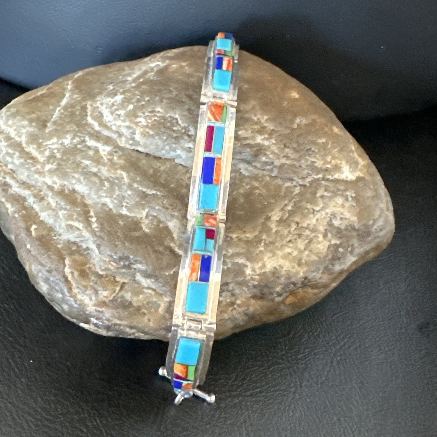 Blue Turquoise Spiny Navajo Old Pawn Sterling Silver Inlay Bracelet 7.5" 18127