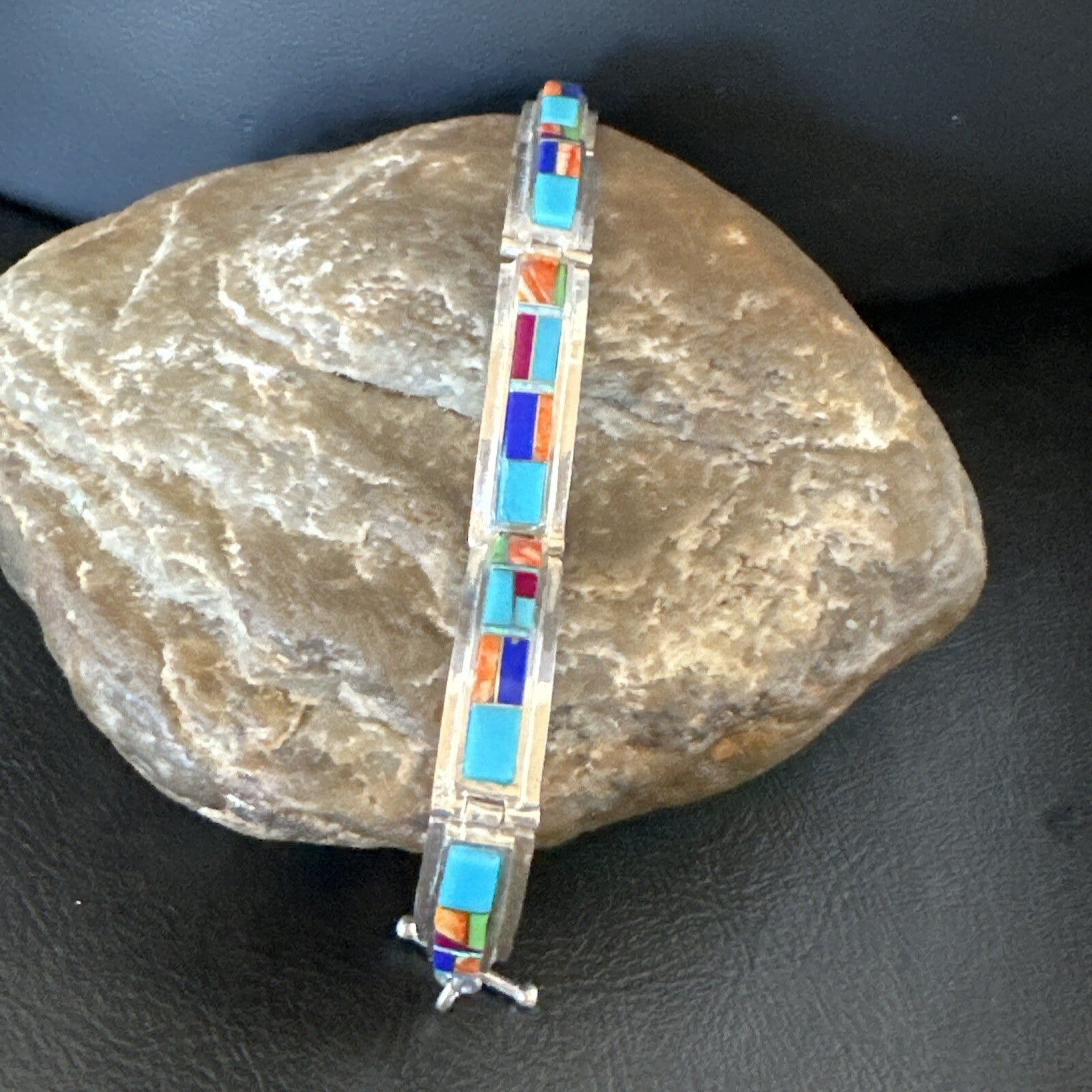 Blue Turquoise Spiny Navajo Old Pawn Sterling Silver Inlay Bracelet 7.5" 18127