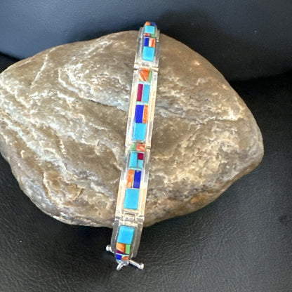 Blue Turquoise Spiny Navajo Old Pawn Sterling Silver Inlay Bracelet 7.5" 18127
