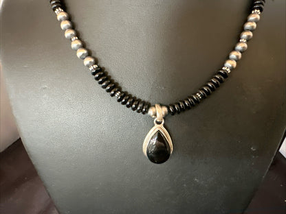 Mens Womens Black Onyx Pendant Navajo Sterling Silver Beads Necklace 18333