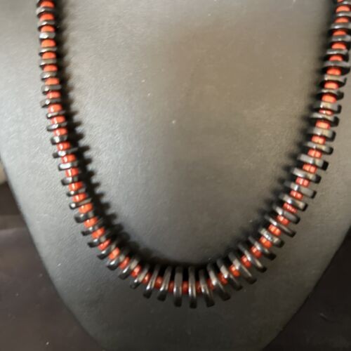 Navajo Bamboo Coral Black Onyx Necklace Sterling Silver 20" 14432