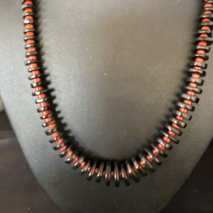 Navajo Bamboo Coral Black Onyx Necklace Sterling Silver 20" 14432