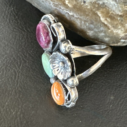 Multicolor Ring Turquoise Spiny Navajo Sterling Silver Cluster Size 9 19173