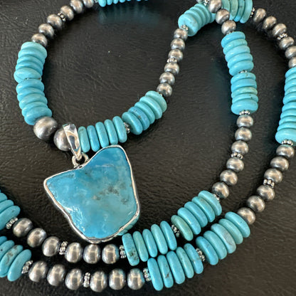 Blue Kingman Turquoise 2 Sided Pendant Navajo Sterling Native Necklace 20" 19517