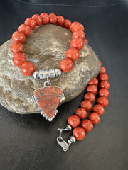 Navajo Apple Sponge Coral Necklace Pendant | Sterling Silver | Authentic Native American Handmade | 18328