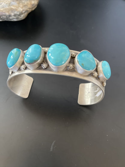 Navajo Sterling Silver Blue Kingman Turquoise Cuff Bracelet 5 Stone HJoe 02051