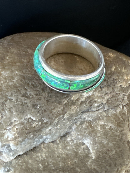 Green Opal Navajo Sterling Silver Band Inlay Ring Size 7 18809