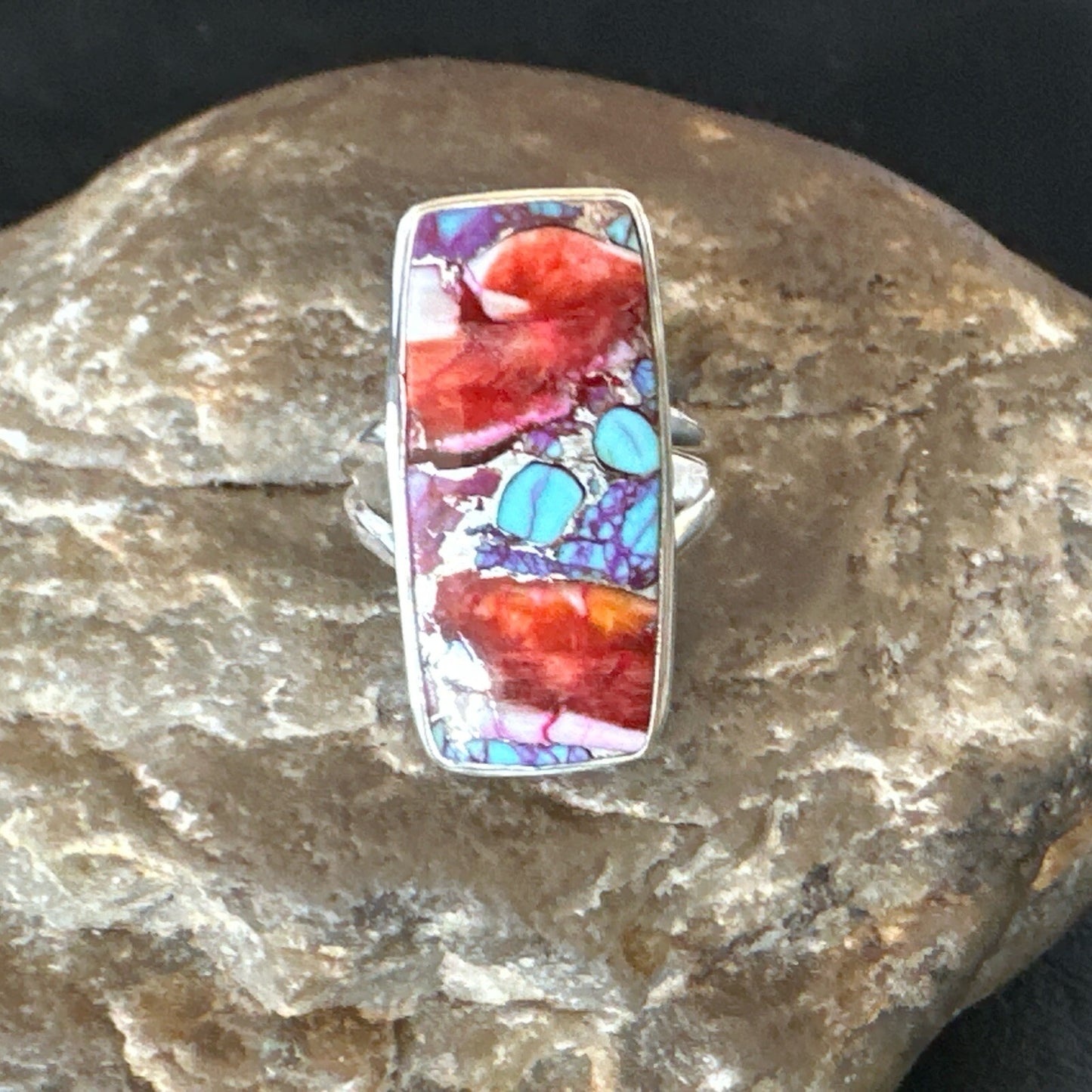 Blue Turquoise Spiny Oyster Southwestern Sterling Silver Ring Size 7 18491