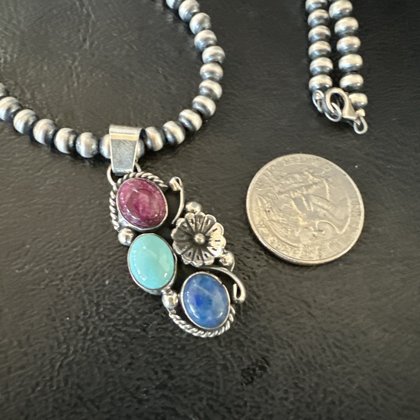 Multicolor Turquoise Lapis Navajo Sterling Silver Cluster Pendant Necklace 19246