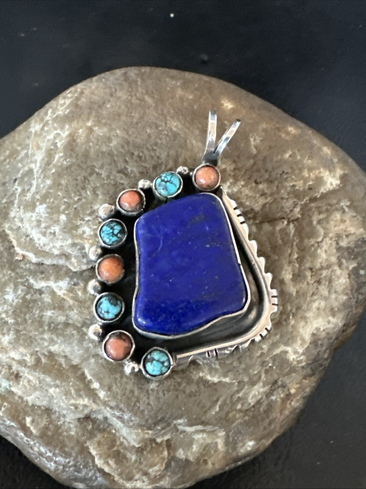 Blue Lapis Cluster Pendant Navajo Sterling Silver Beads Necklace 18754