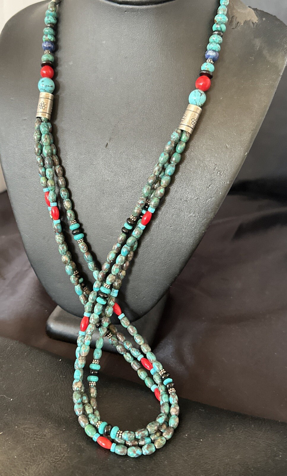 Mens Blue Spiderweb Turquoise Tube 3S Navajo Sterling Silver Necklace 30” 17886