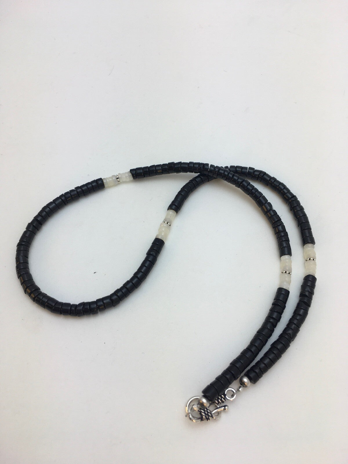Southwestern White MOP Heishi Black Onyx Sterling Silver Mens Necklace 8901