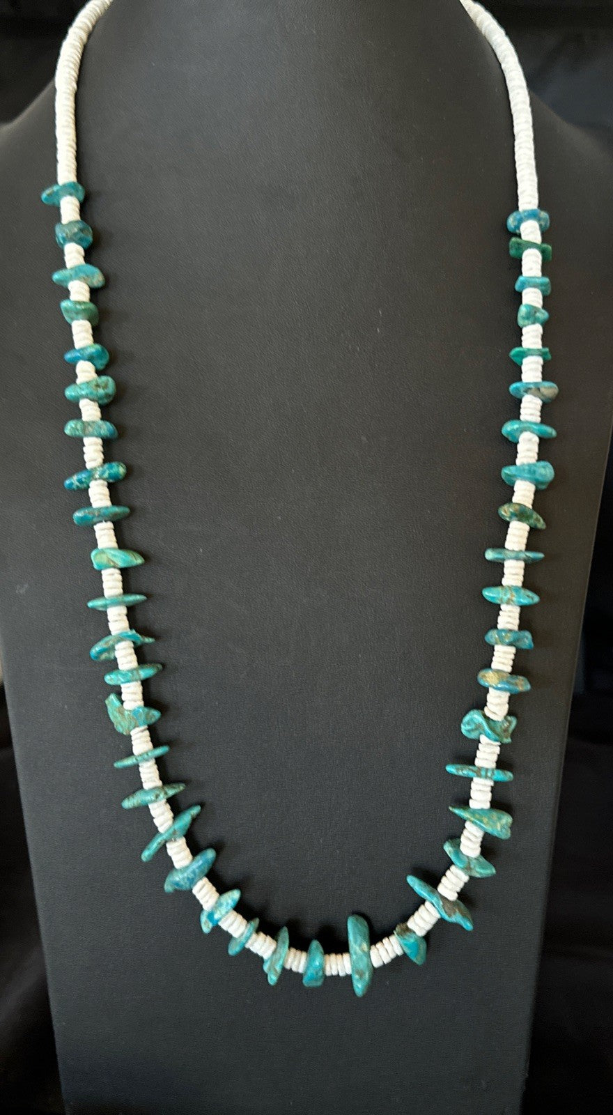 Blue Turquoise White Shell Navajo Sterling Silver Necklace 31" 19719