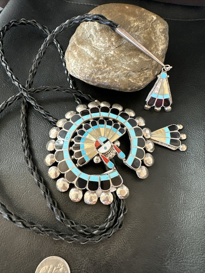 Mens Bolo Tie Zuni Sunface Kingman Turquoise Onyx Inlay Sterling Silver 18142