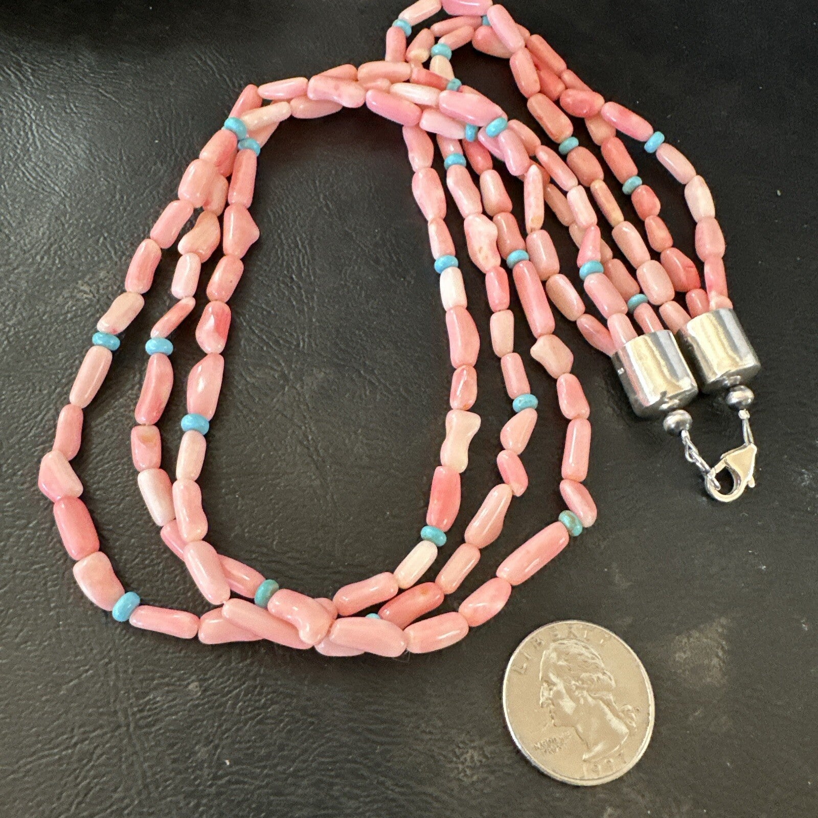 Native American Turquoise Pink Coral Sterling Silver 3 Strand Necklace 21" 17815