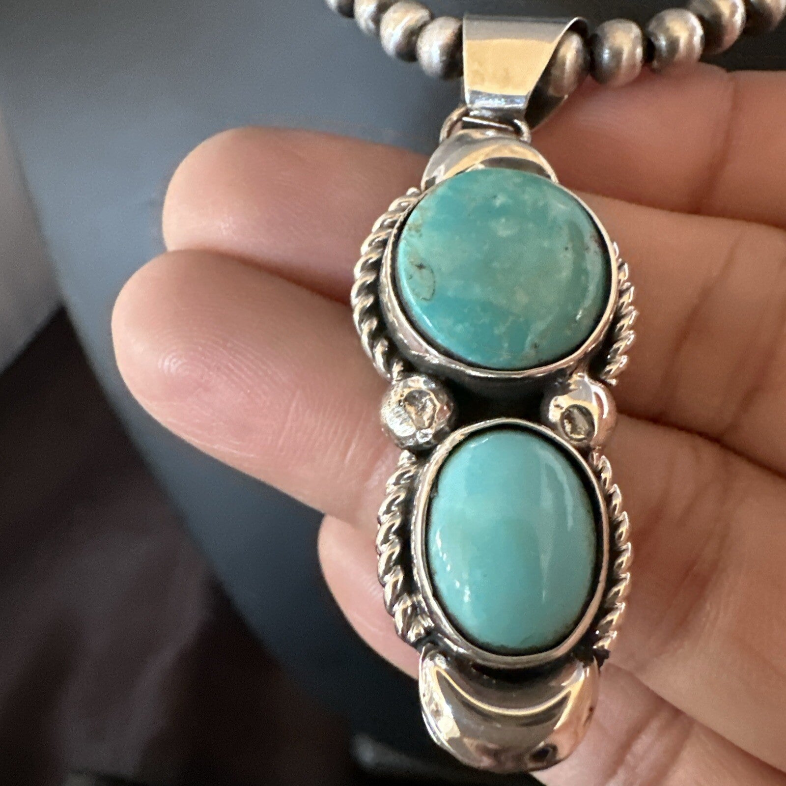Blue Turquoise 2 Stone Navajo Sterling Silver Cluster Pendant 18192