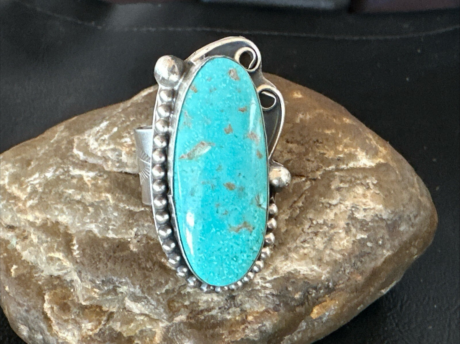 Navajo Sterling Silver Blue Turquoise Stamped Ring Size 11 18771