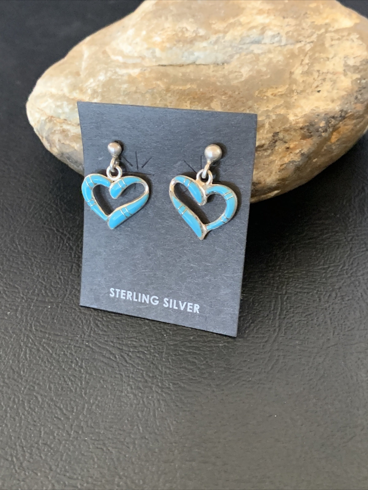 Blue Turquoise Heart Navajo Sterling Silver Dangle Post Earrings 0.5" 12714