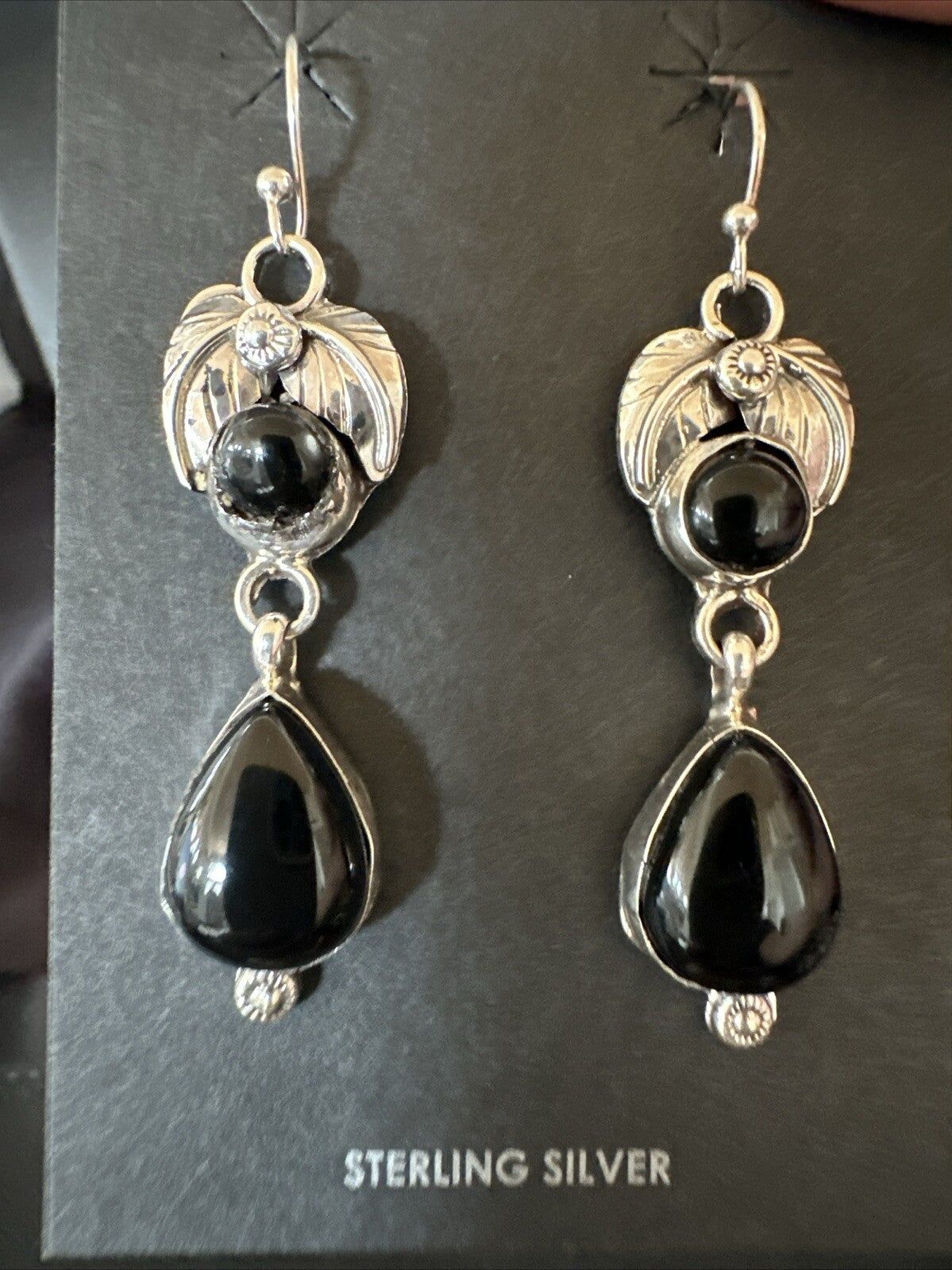 Black Onyx Navajo Sterling Silver Dangle Earrings 1.5" 18284