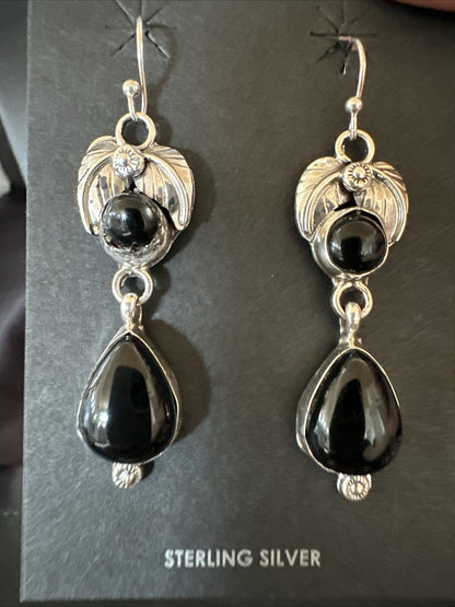 Black Onyx Navajo Sterling Silver Dangle Earrings 1.5" 18284
