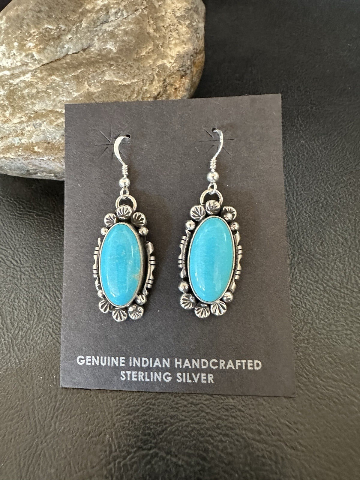 Handmade Blue Turquoise Sterling Silver Navajo Dangle Earrings Yazzie 19536