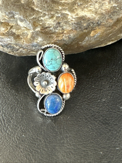 Multicolor Ring Turquoise Spiny Navajo Sterling Silver Cluster Size 8 19186