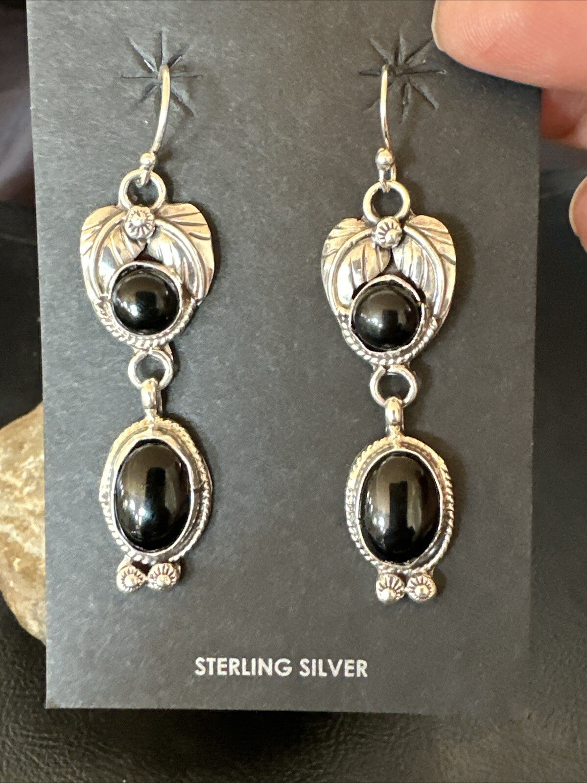 Black Onyx Navajo Sterling Silver Dangle Earrings 1.5" 18293