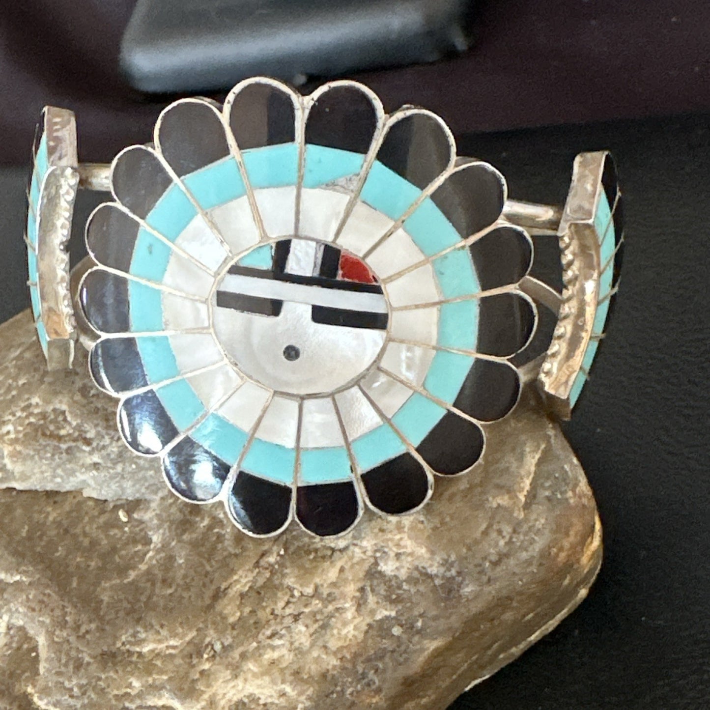 Old Pawn Sunface Turquoise Zuni Sterling Silver Onyx Bracelet 6.75” 19128