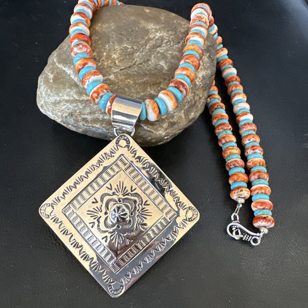 Orange Spiny Oyster Turquoise Navajo Pendant Necklace 21" | Sterling Silver | Authentic Native American Handmade | 19044