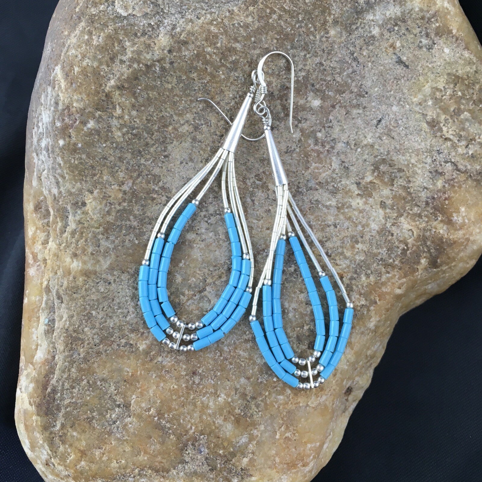 Native Turquoise Heishi Tube Liquid Sterling Silver Dangle Earrings 2" 08875