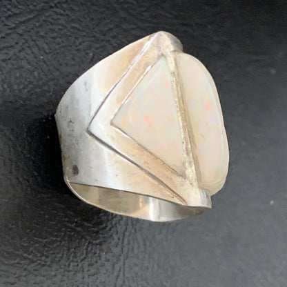 White Opal Native American Navajo Sterling Silver Inlay Ring Size 8 18922
