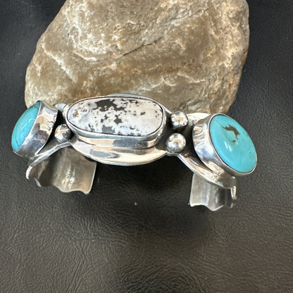 Mens White Buffalo Blue Turquoise Navajo Sterling Silver Cuff Bracelet 19504