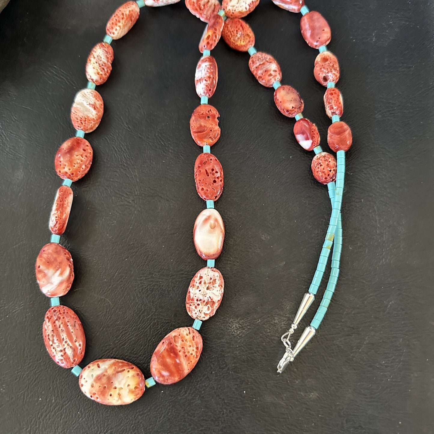 New Red Spiny Oyster Turquoise Heishi Navajo Sterling Silver Necklace 32" 17766