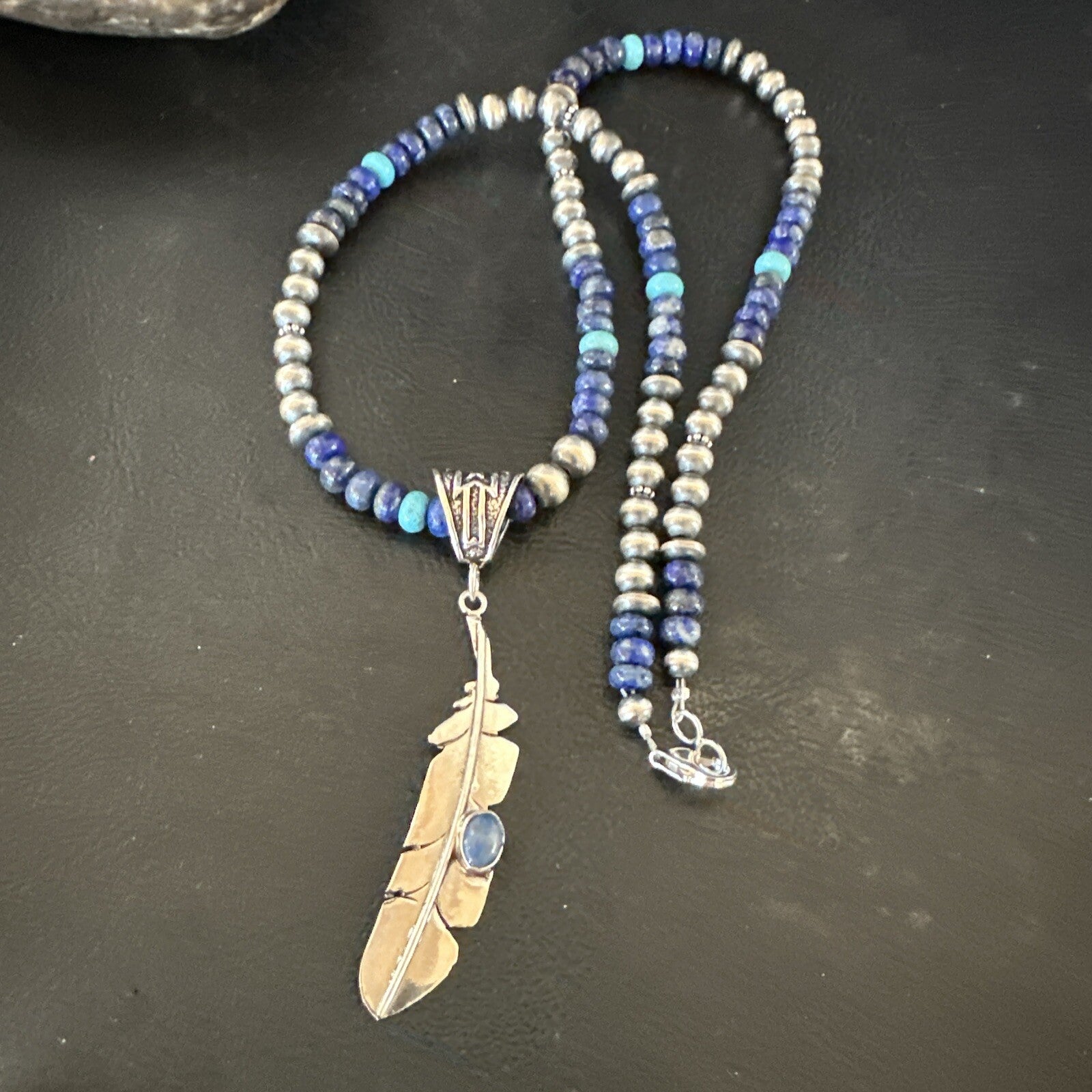 Blue Turquoise Lapis Feather Pendant Navajo Sterling Silver Necklace 21” 17790