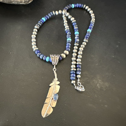 Blue Turquoise Lapis Feather Pendant Navajo Sterling Silver Necklace 21” 17790