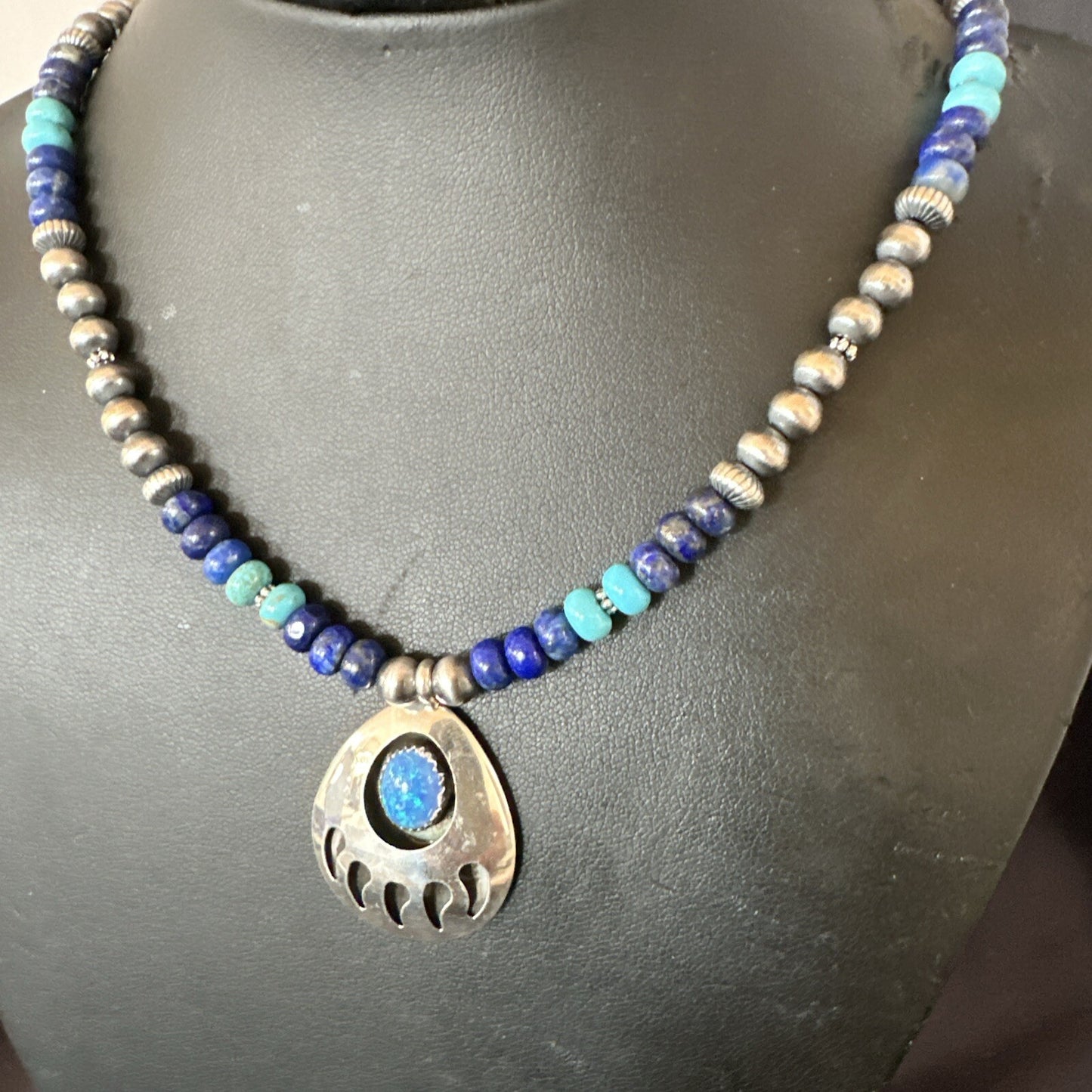 Mens Blue Turquoise Lapis BearPaw Pendant Navajo Sterling Silver Necklace 17882