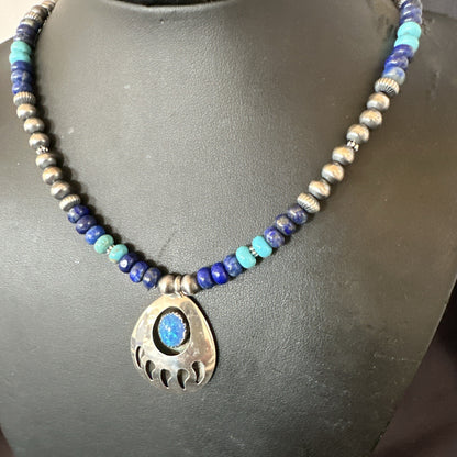 Mens Blue Turquoise Lapis BearPaw Pendant Navajo Sterling Silver Necklace 17882