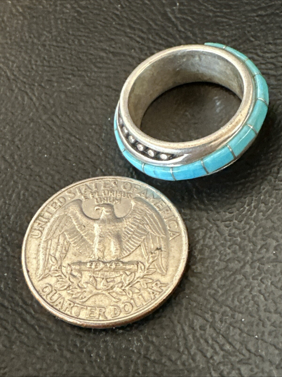 Blue Turquoise Navajo Sterling Silver Inlay Band Ring Size 7 18813