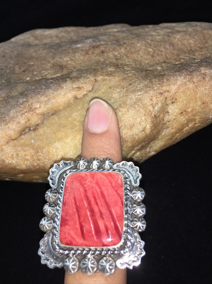 Navajo Sterling Silver Red Spiny Oyster Ring Size 8.5 01811
