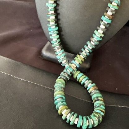 Native Navajo Turquoise Shell Heishi Bead Necklace Sterling 32" 15529