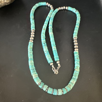 Blue Turquoise 34” Heishi Navajo Pearls Sterling Silver Bead Necklace 17256