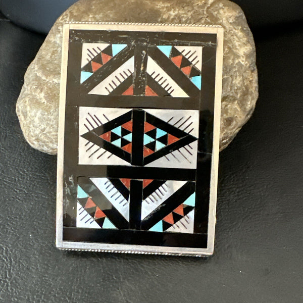 Zuni Black Onyx Belt Buckle Ranger Set Turquoise MOP Coral | Sterling Silver | Authentic Native American Handmade | 18141