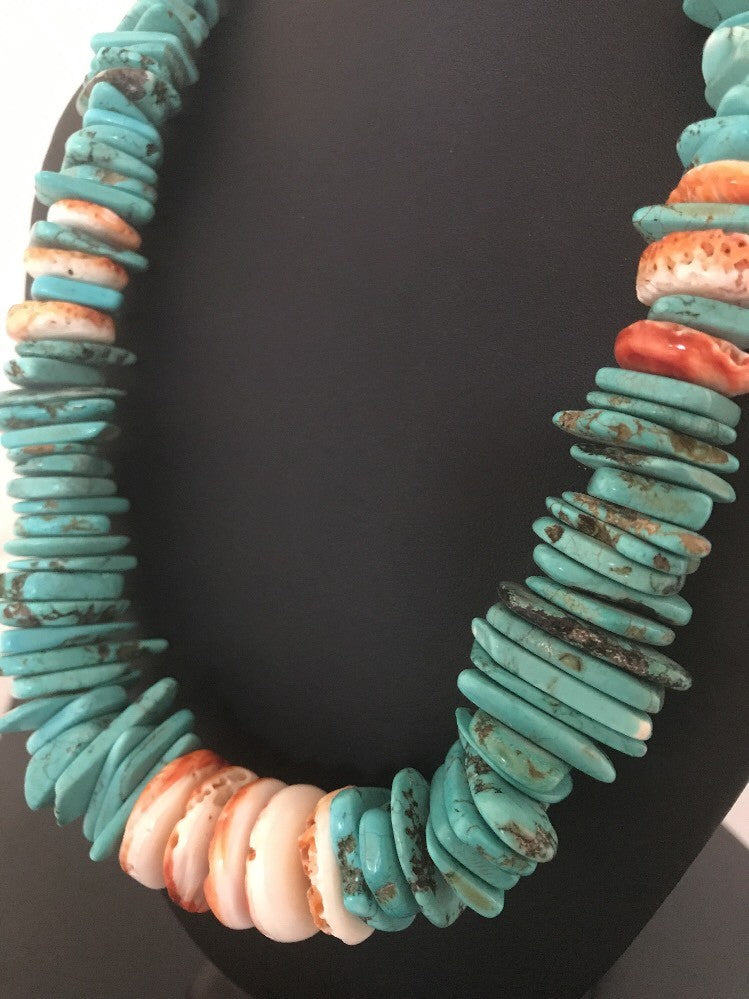 Turquoise Spiny Oyster Nugget Sterling Silver Necklace 21" 03325