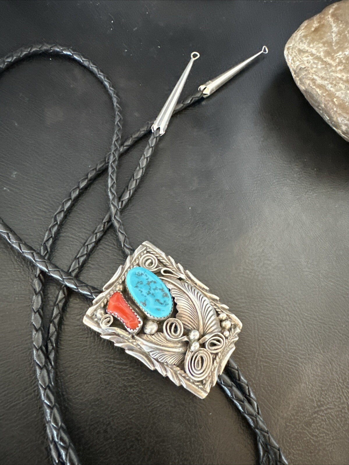 Mens Blue Kingman Turquoise Coral Bolo Tie Sterling Silver Navajo 18168