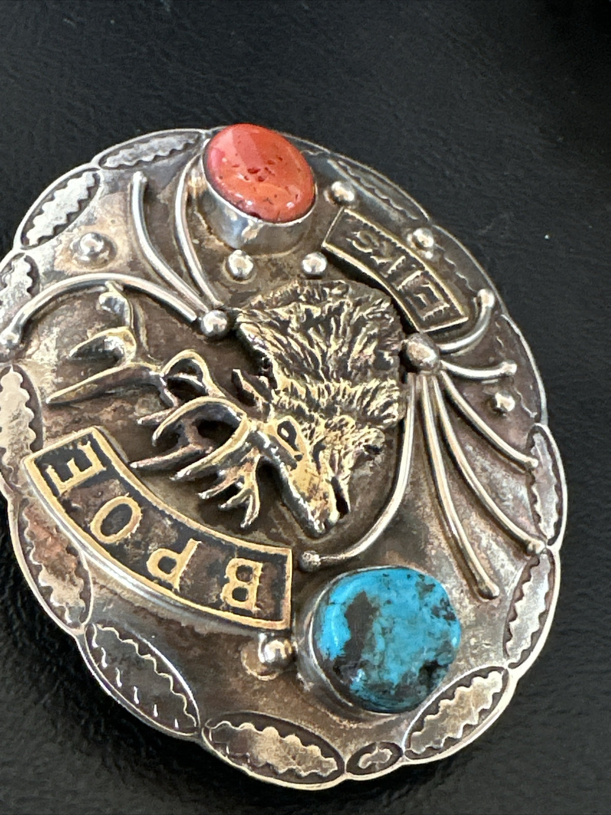 Elk Blue Turquoise Coral Navajo Sterling Silver Concho Belt Buckle 17972