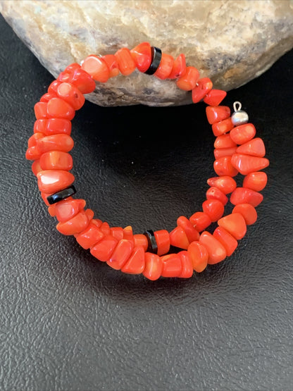 Memory wire Stainless Steel Coral Onyx Bead Bracelet Sterling Silver 01955