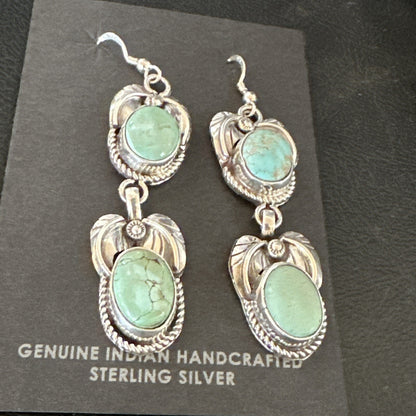 Native Navajo Blue Green Turquoise Sterling Silver Dangle Earrings 2” 17917