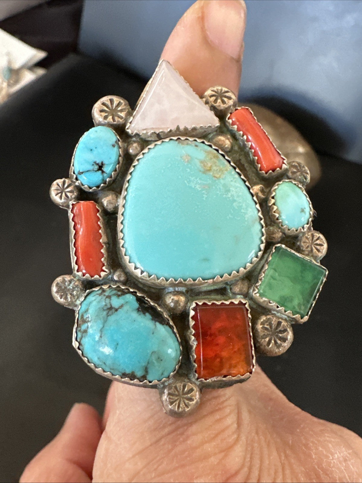 Old Pawn Navajo Blue Turquoise Coral Ring Multi-Stone Cluster Sz 9 19825